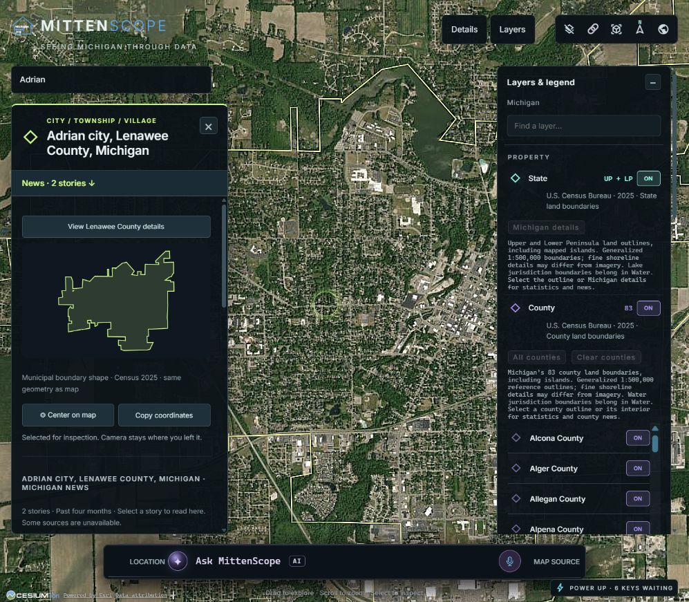 MittenScope showing Adrian's municipal boundary and its matching shape in an information panel.