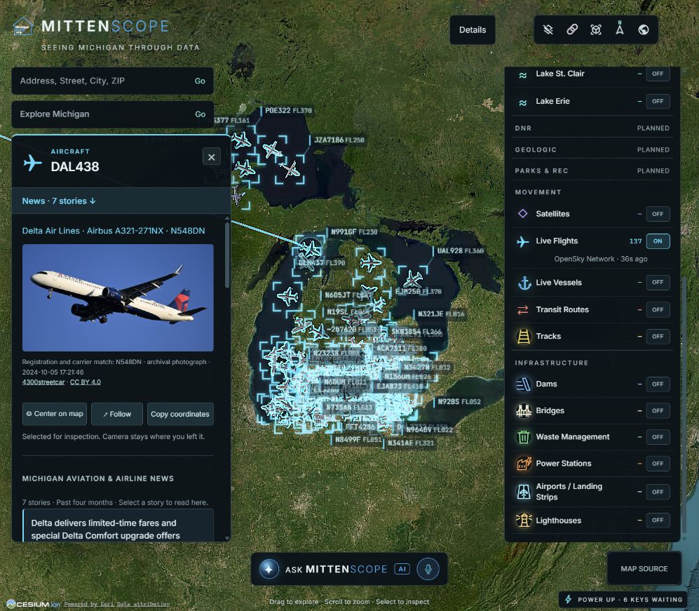 Recorded view of aircraft tracking and an information panel in MittenScope.